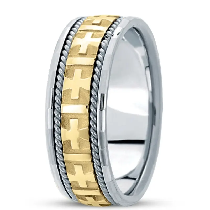 18K white-yellow-white gold 8mm. high polish hand-made-religious-wedding-band - alternate view 9