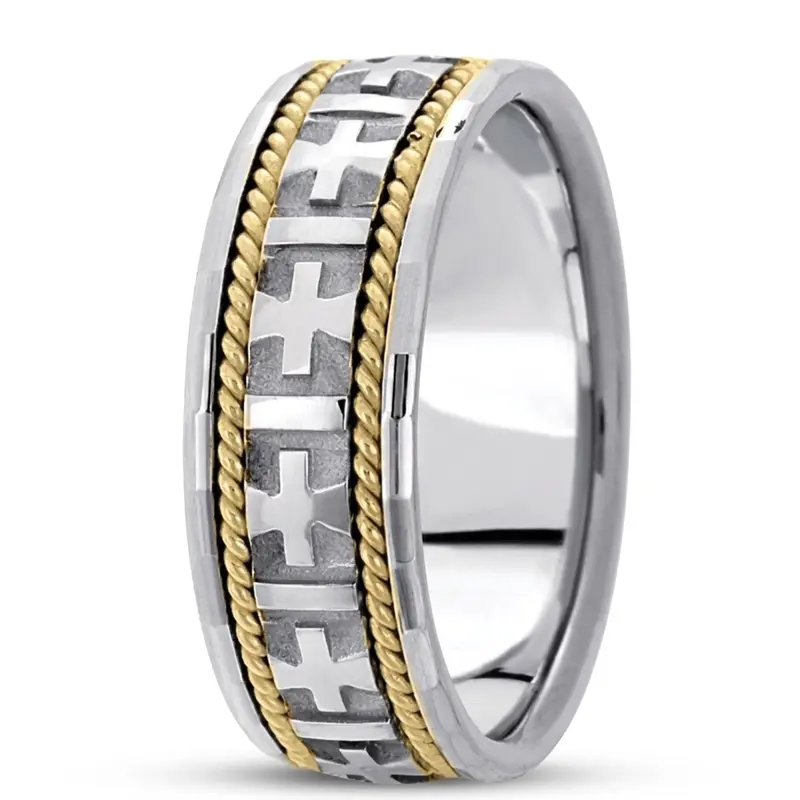 18K w-y-w-y-w gold 8mm. high polish hand-made-religious-wedding-band - main view