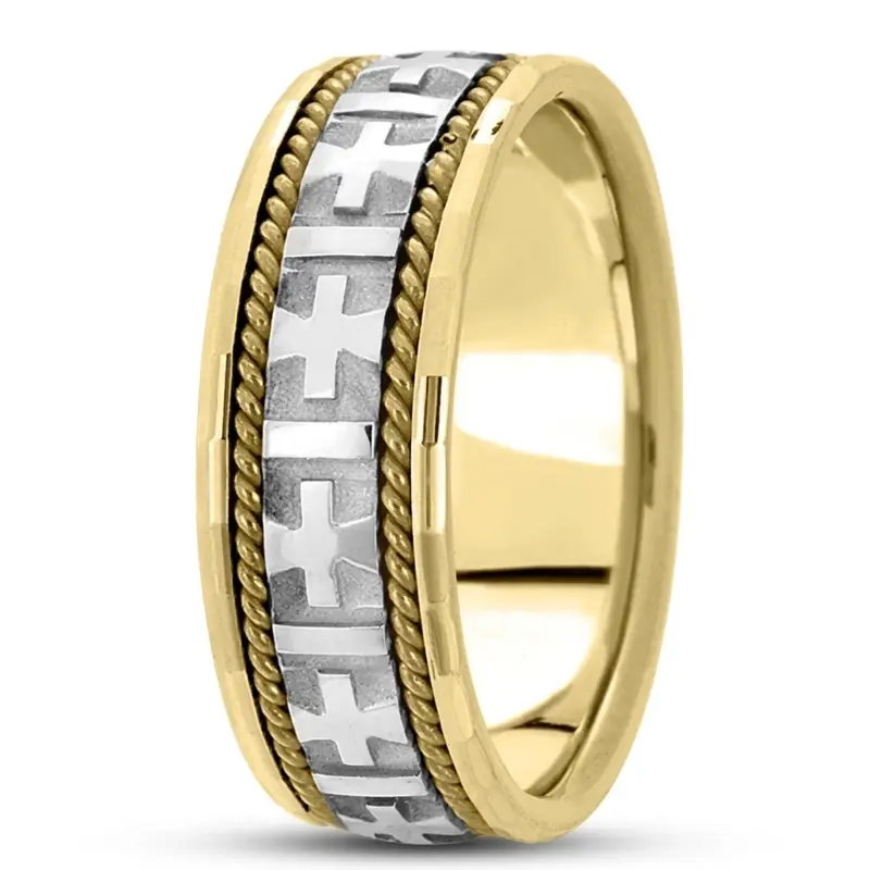18K yellow-white-yellow gold 8mm. high polish hand-made-religious-wedding-band - alternate view 8
