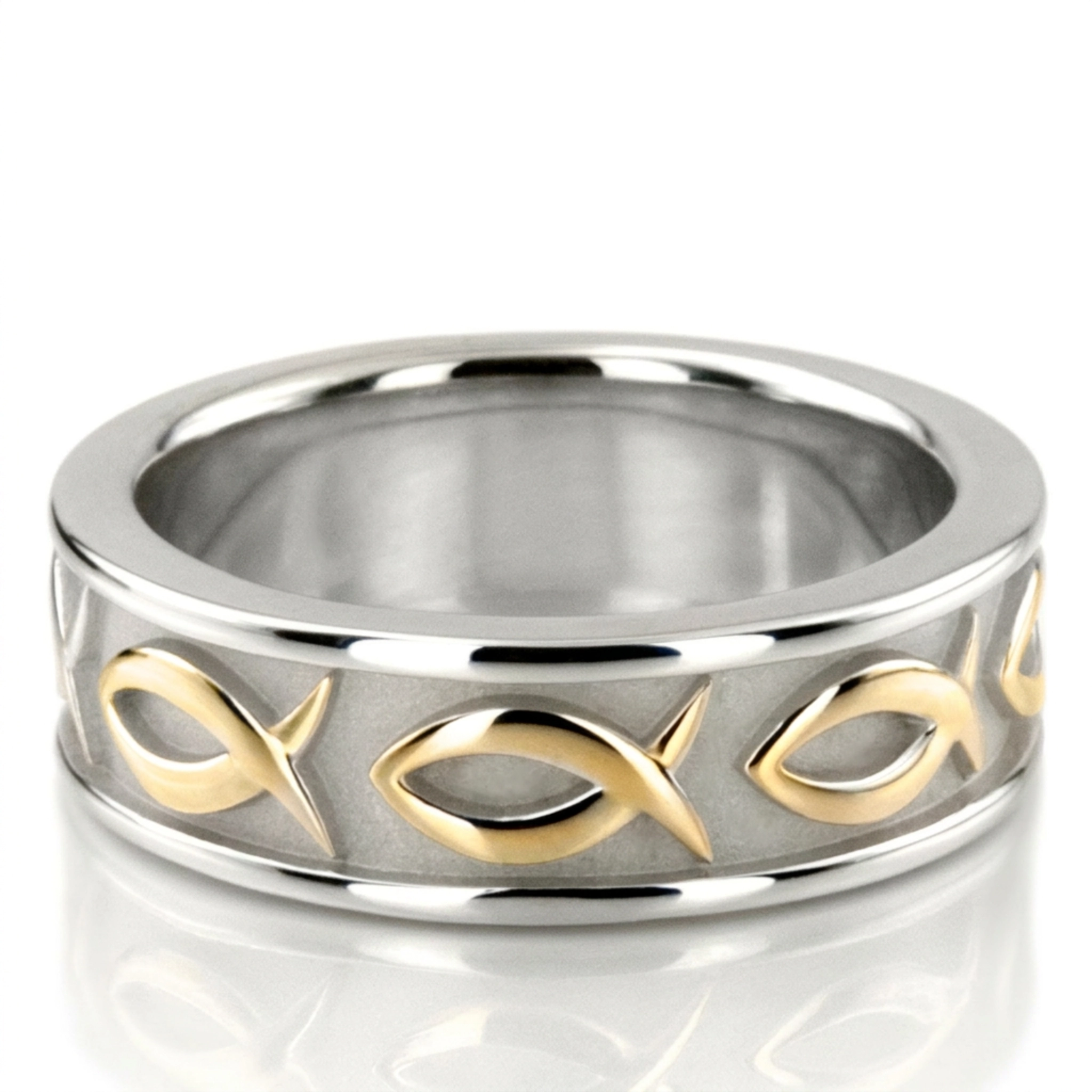 10K yellow-white-yellow gold 7mm. high polish hand-made-religious-wedding-band - alternate view 2