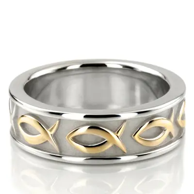 Ichthus Jesus Fish Motif Christian Wedding Band  - view 2 of 9