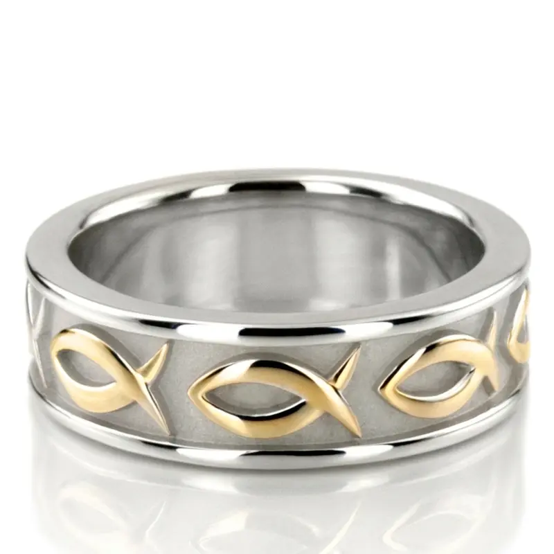 14K white-yellow-white gold 7mm. high polish hand-made-religious-wedding-band - alternate view 3