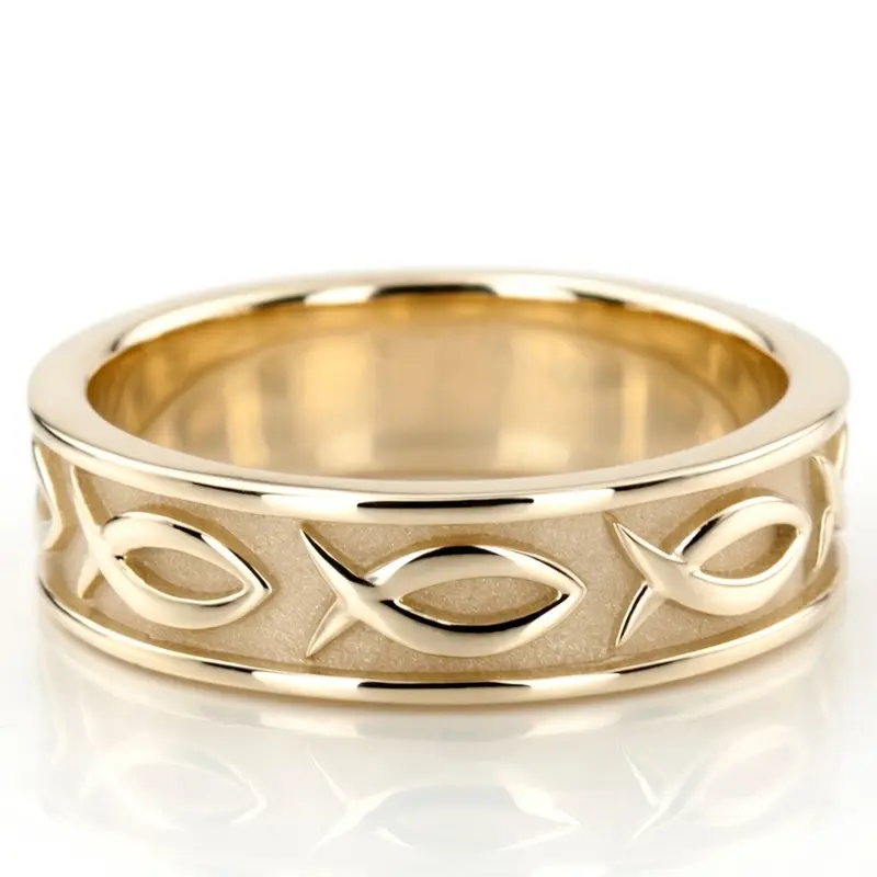 14K yellow gold 7mm. high polish hand-made-religious-wedding-band - alternate view 2
