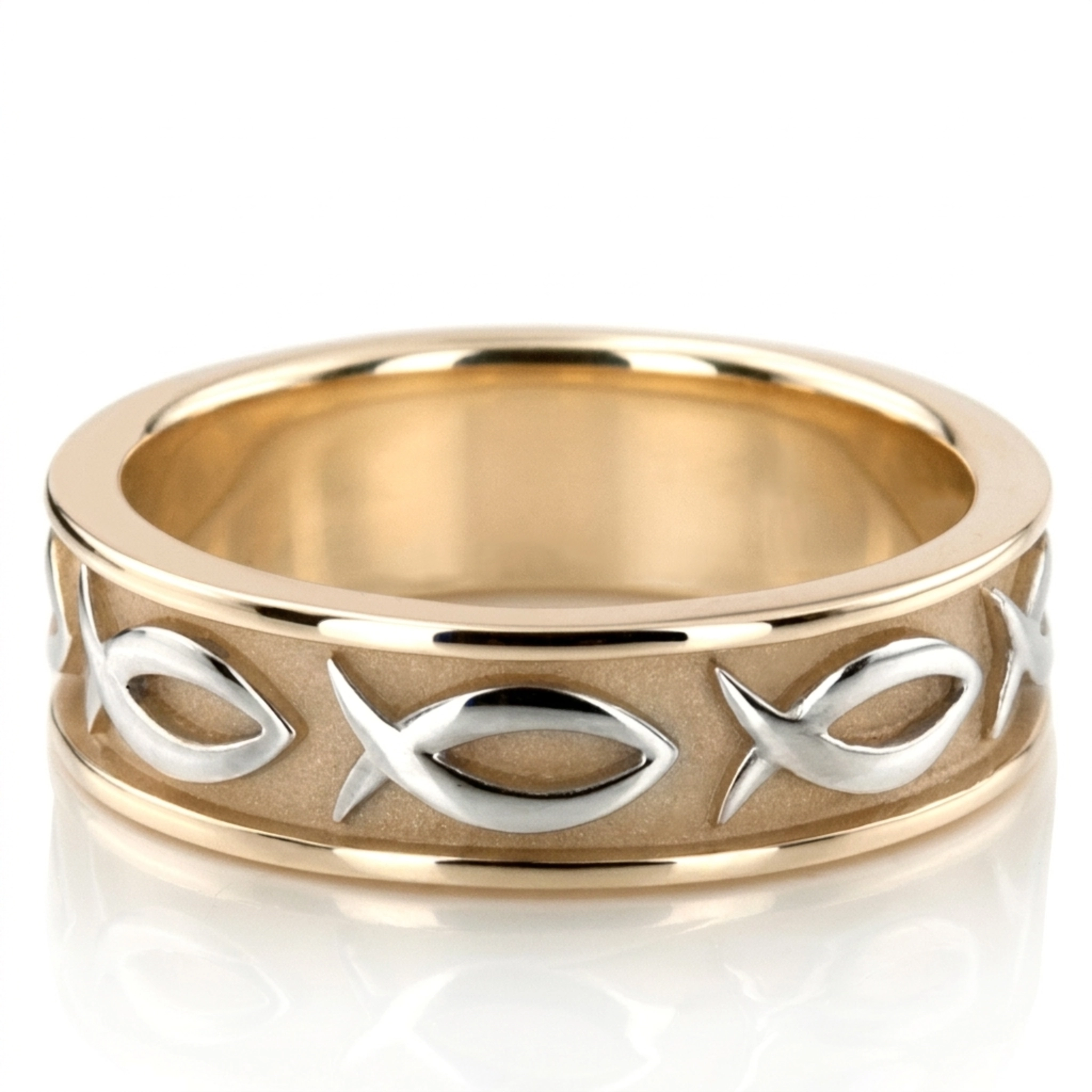 10K yellow-white-yellow gold 8mm. high polish hand-made-religious-wedding-band - alternate view 4