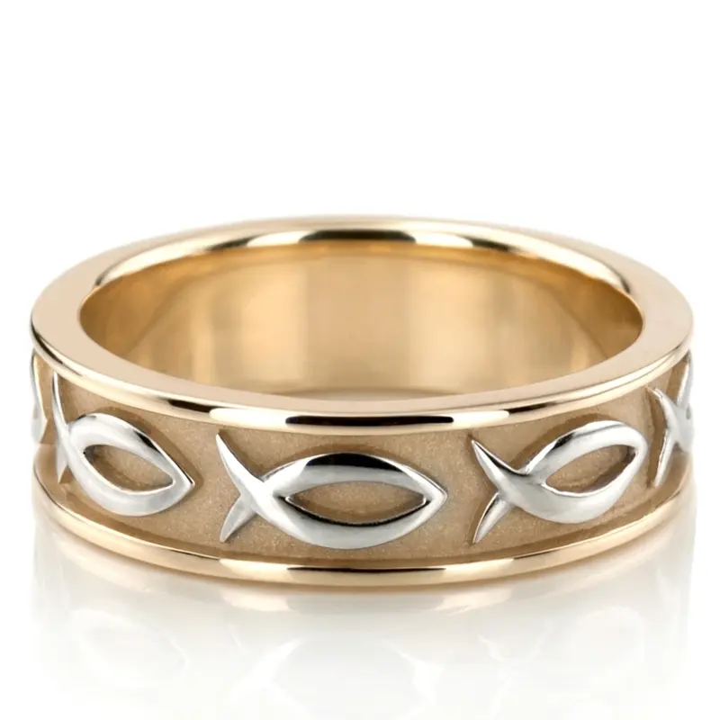 14K yellow-white-yellow gold 8mm. high polish hand-made-religious-wedding-band - alternate view 4