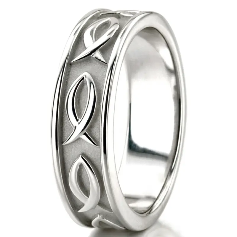 14K white gold 7mm. high polish hand-made-religious-wedding-band - alternate view 6