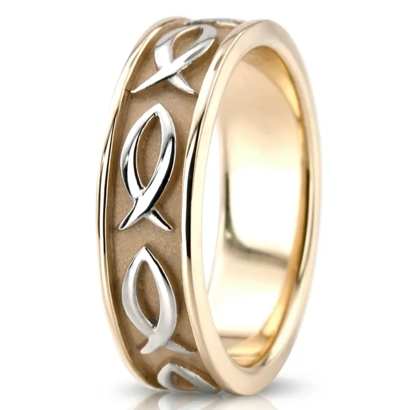 14K yellow-white-yellow gold 8mm. high polish hand-made-religious-wedding-band - alternate view 5