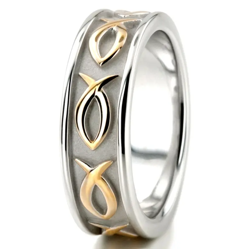 14K white-yellow-white gold 7mm. high polish hand-made-religious-wedding-band - alternate view 8