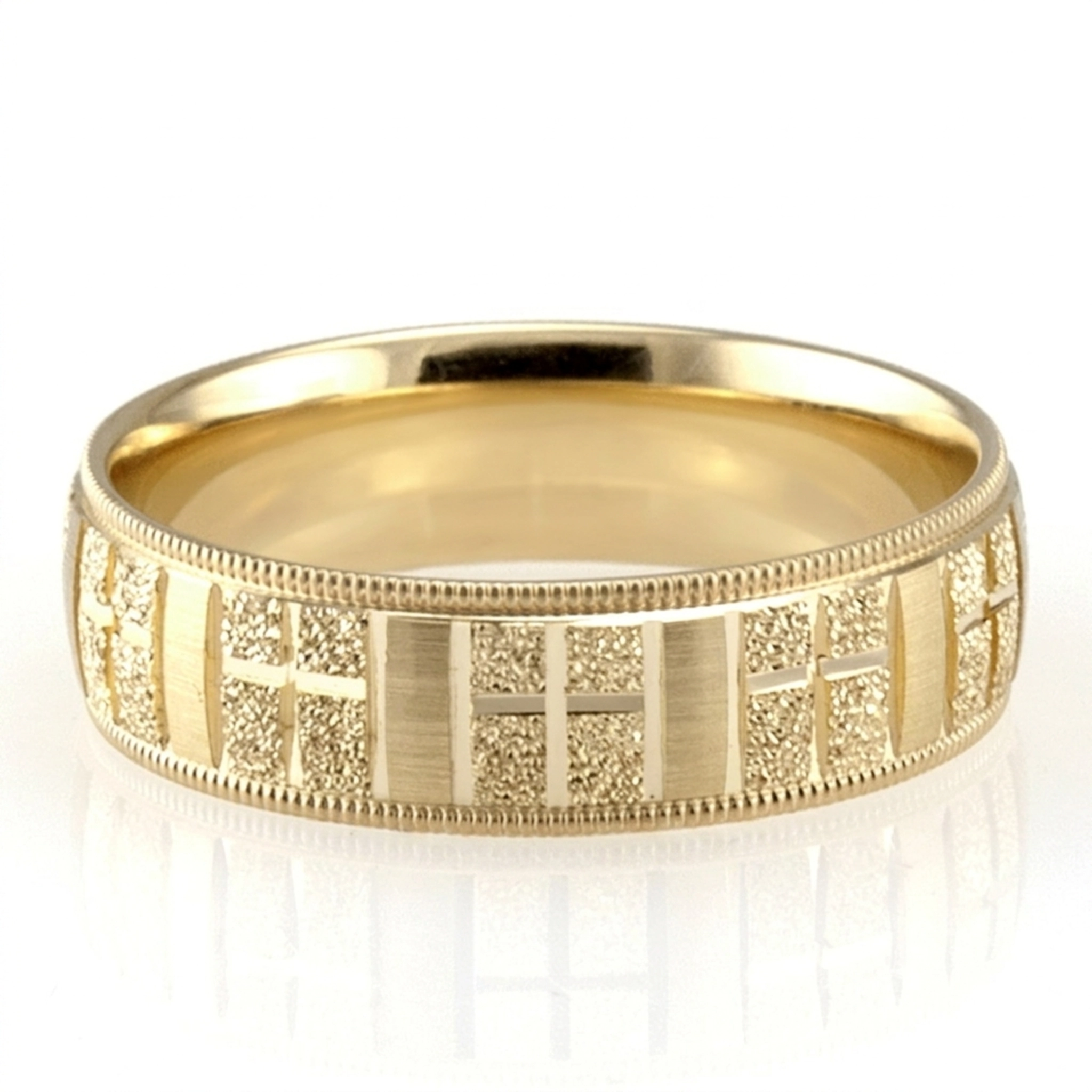 10K yellow gold 7mm. diamond cut basic-carved-religious-wedding-ring - alternate view 3