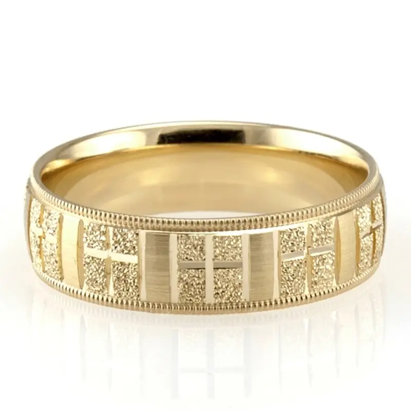 10K yellow gold 7mm. diamond cut basic-carved-religious-wedding-ring - alternate view 3