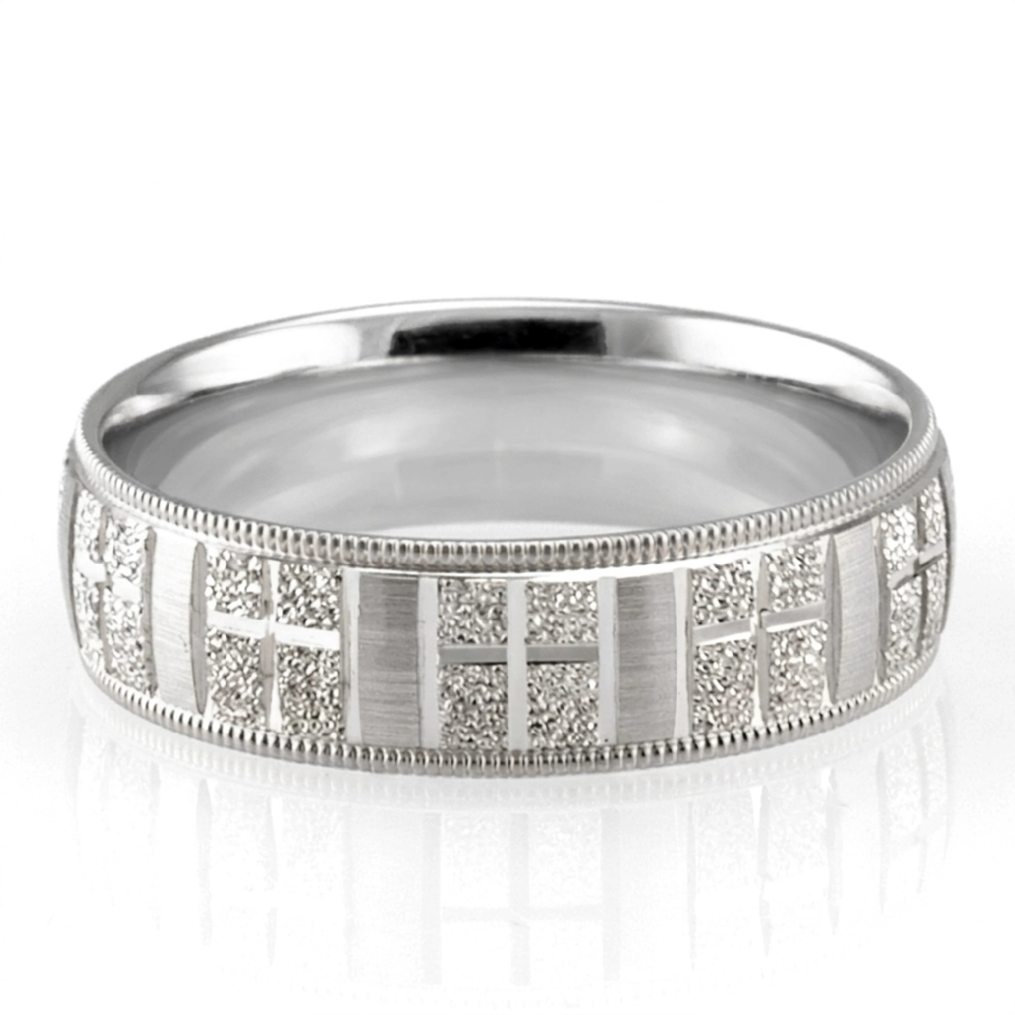 10K white gold 7mm. diamond cut basic-carved-religious-wedding-ring - main view