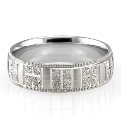 10K white gold 7mm. diamond cut basic-carved-religious-wedding-ring - main view thumbnail