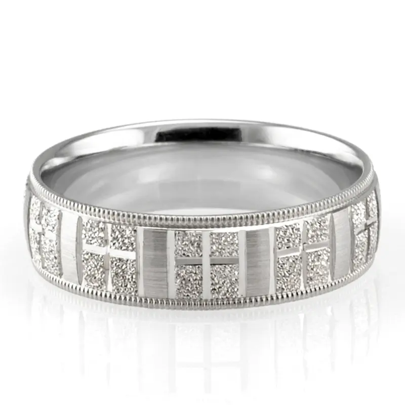 10K white gold 7mm. diamond cut basic-carved-religious-wedding-ring - main view