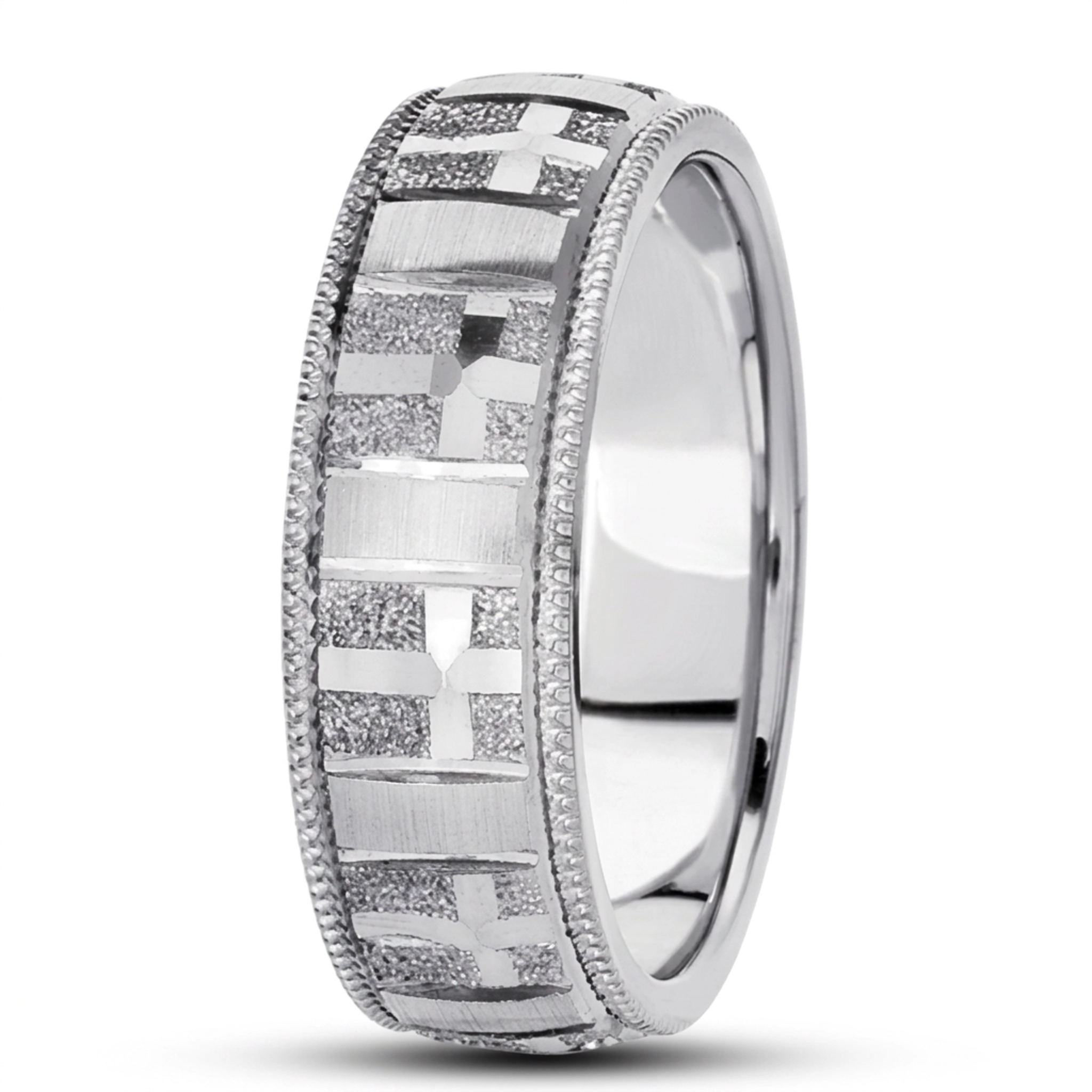 10K white gold 7mm. diamond cut basic-carved-religious-wedding-ring - alternate view 5
