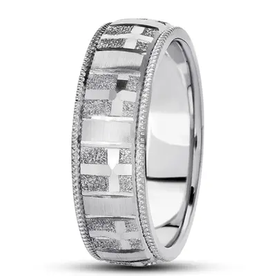 10K white gold 7mm. diamond cut basic-carved-religious-wedding-ring - alternate view 5 thumbnail