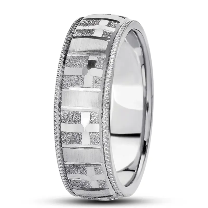 10K white gold 7mm. diamond cut basic-carved-religious-wedding-ring - alternate view 5