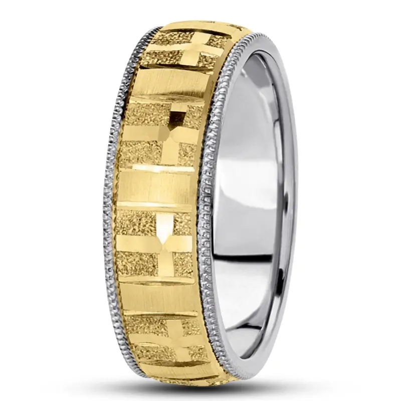 10K white-yellow-white gold 7mm. diamond cut basic-carved-religious-wedding-ring - alternate view 4