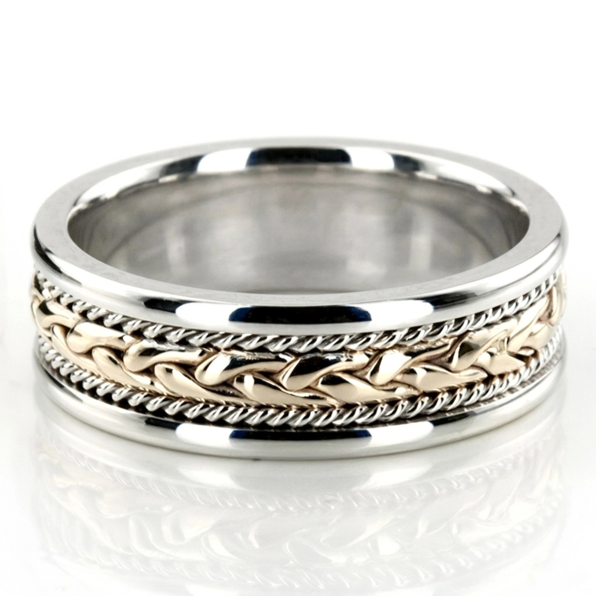 10K white-yellow-white gold 7.5mm. high polish hand-made-wedding-ring - alternate view 3