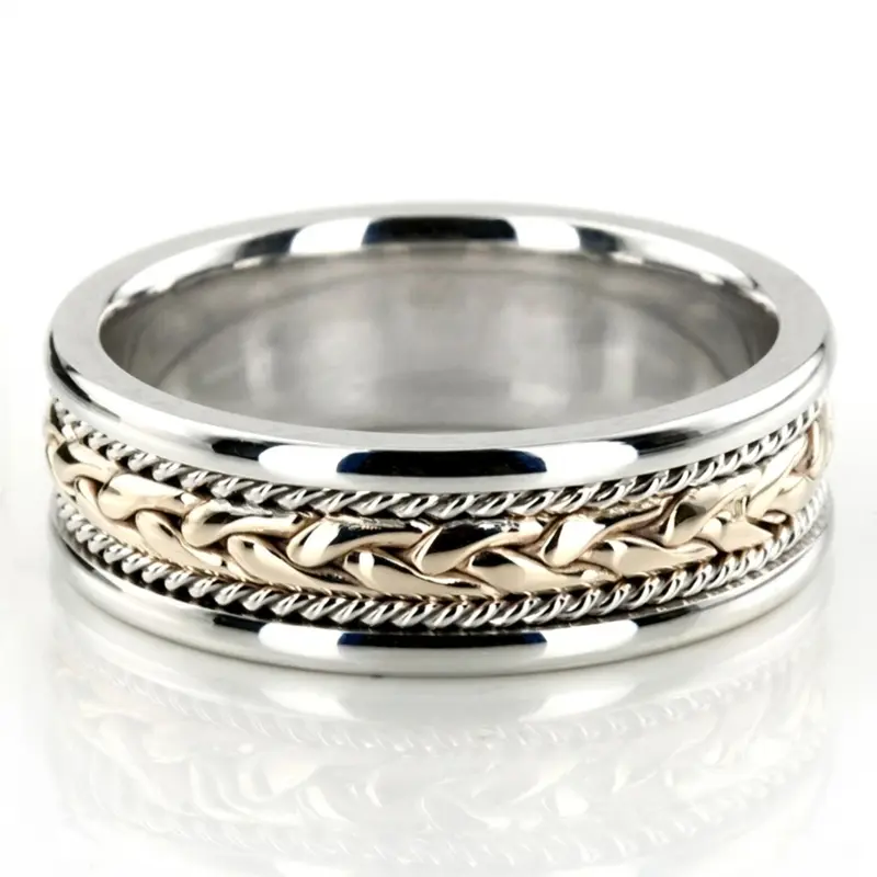 14K white-yellow-white gold 7.5mm. high polish hand-made-wedding-ring - alternate view 3