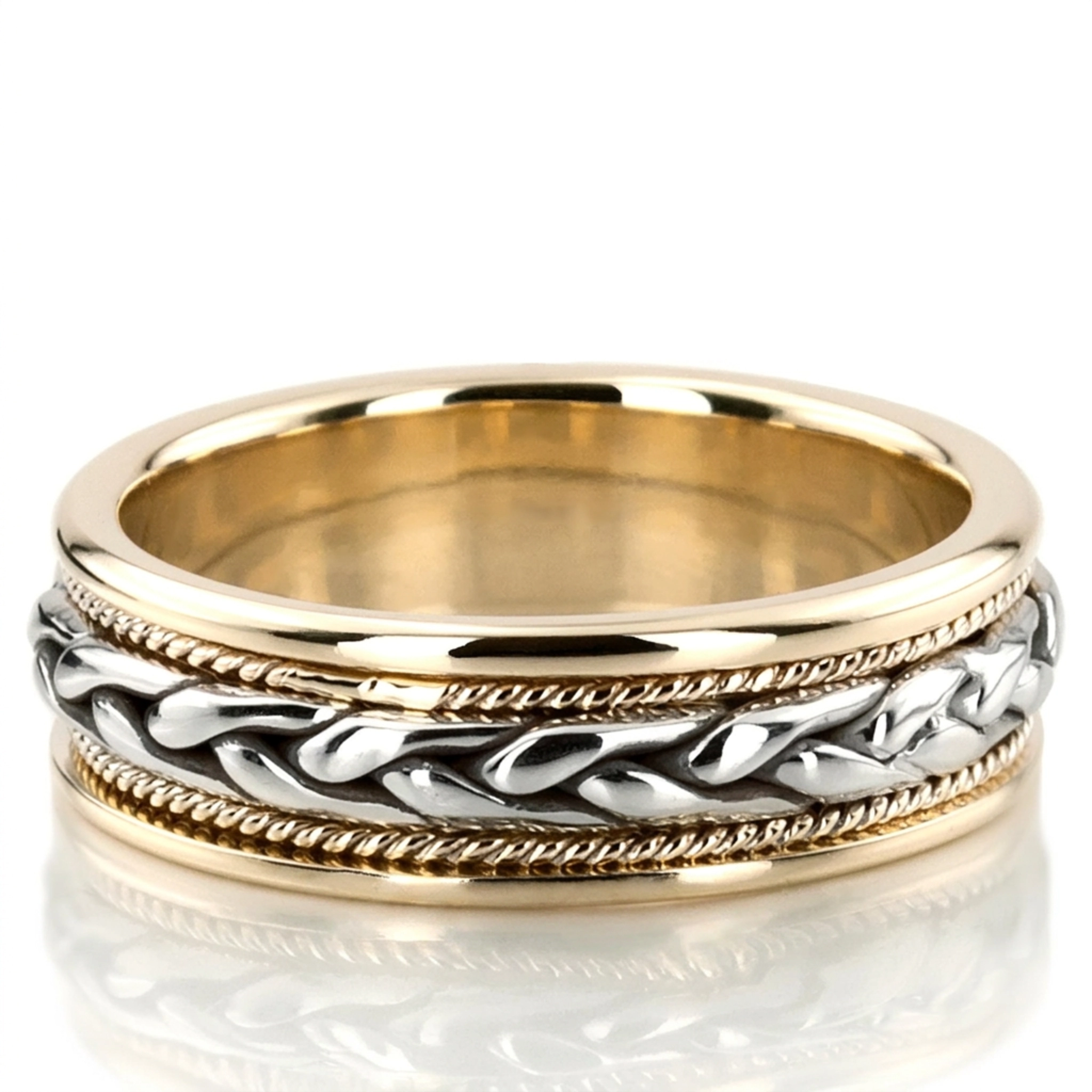 10K yellow-white-yellow gold 7.5mm. high polish hand-made-wedding-ring - alternate view 16