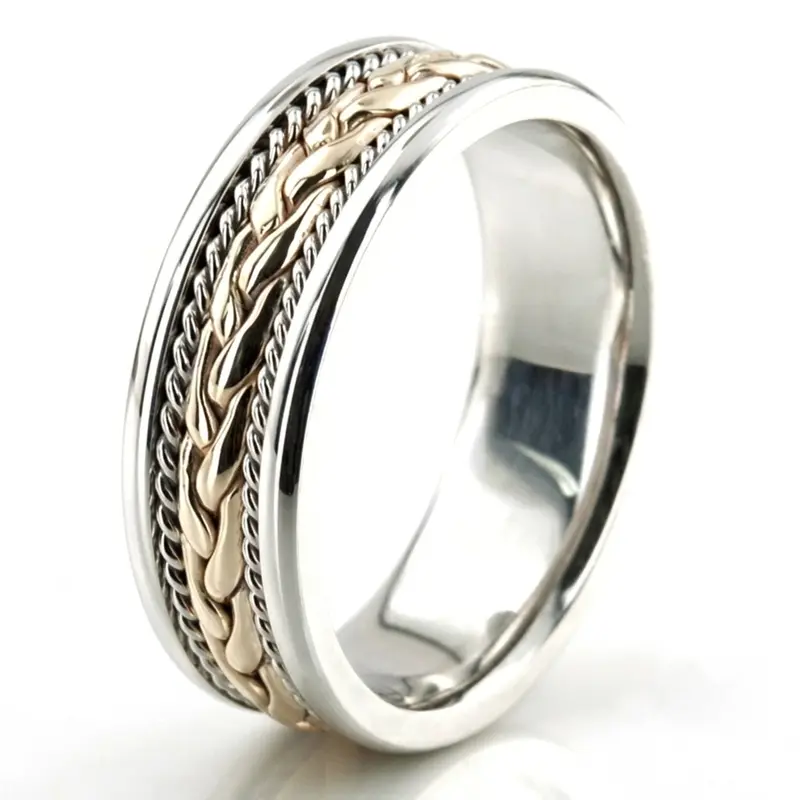 14K white-yellow-white gold 7.5mm. high polish hand-made-wedding-ring - alternate view 13
