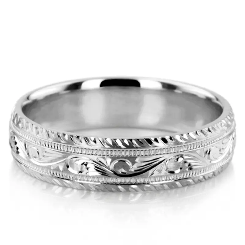 14K white gold 6mm. satin hand-engraved-fancy-carved-wedding-band - alternate view 6