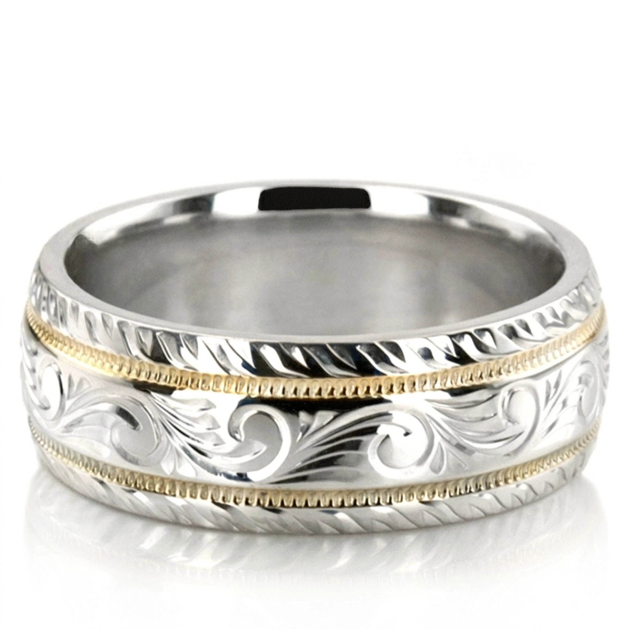 10K w-y-w-y-w gold 7mm. high polish hand-engraved-fancy-carved-wedding-band - main view