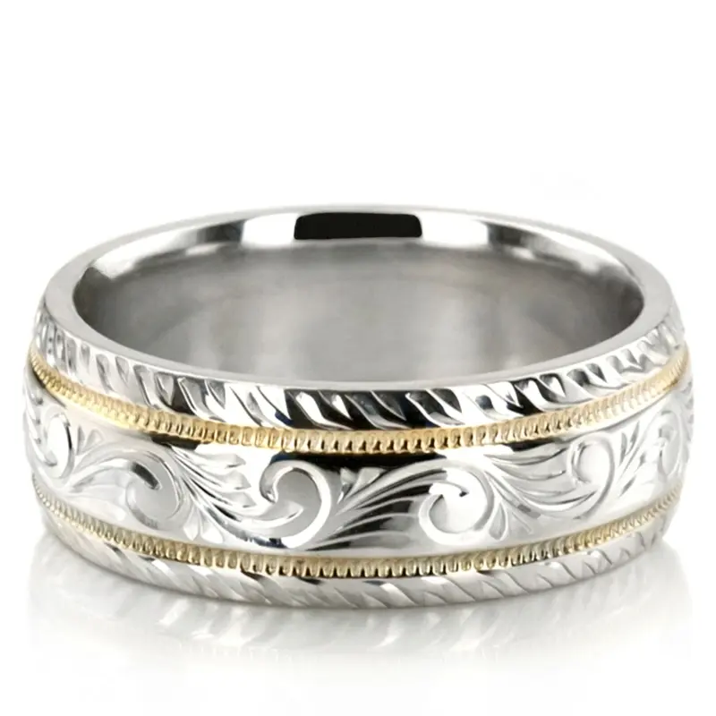 14K w-y-w-y-w gold 7mm. high polish hand-engraved-fancy-carved-wedding-band - main view