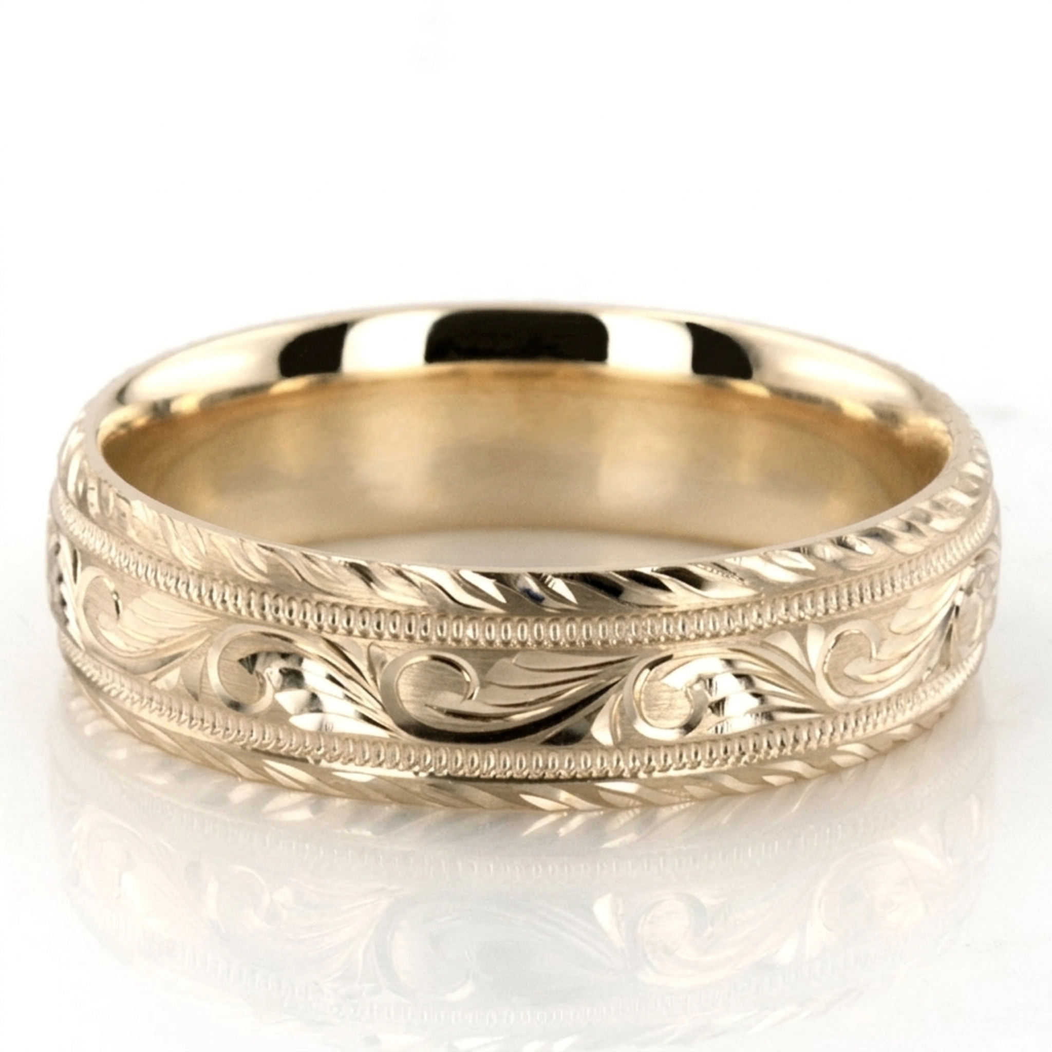 10K yellow gold 6mm. satin hand-engraved-fancy-carved-wedding-band - alternate view 2