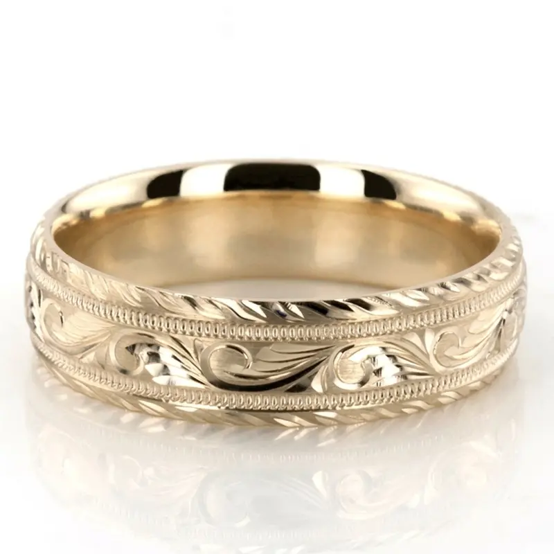 14K yellow gold 6mm. satin hand-engraved-fancy-carved-wedding-band - alternate view 2