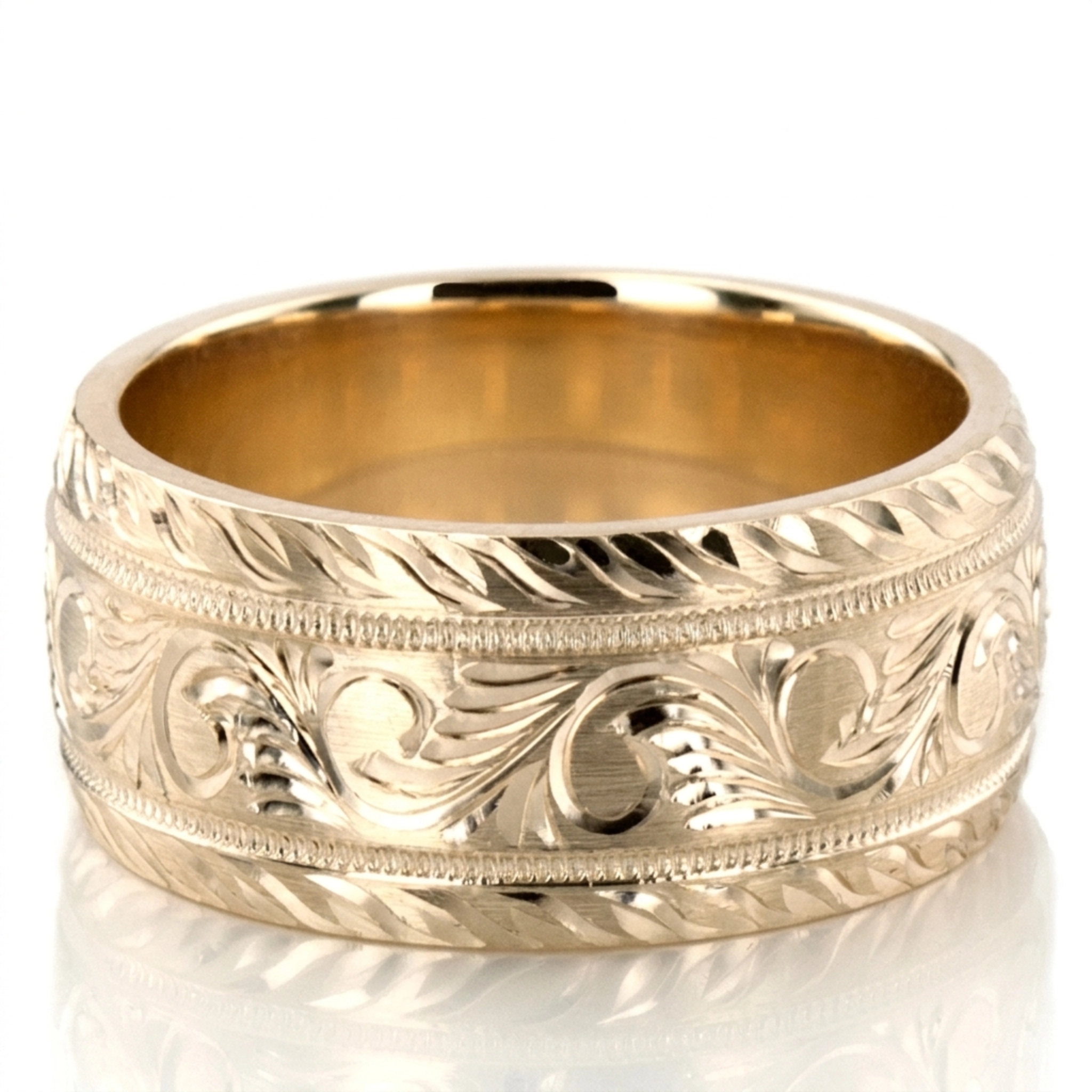 10K yellow gold 10mm. satin hand-engraved-fancy-carved-wedding-band - alternate view 10