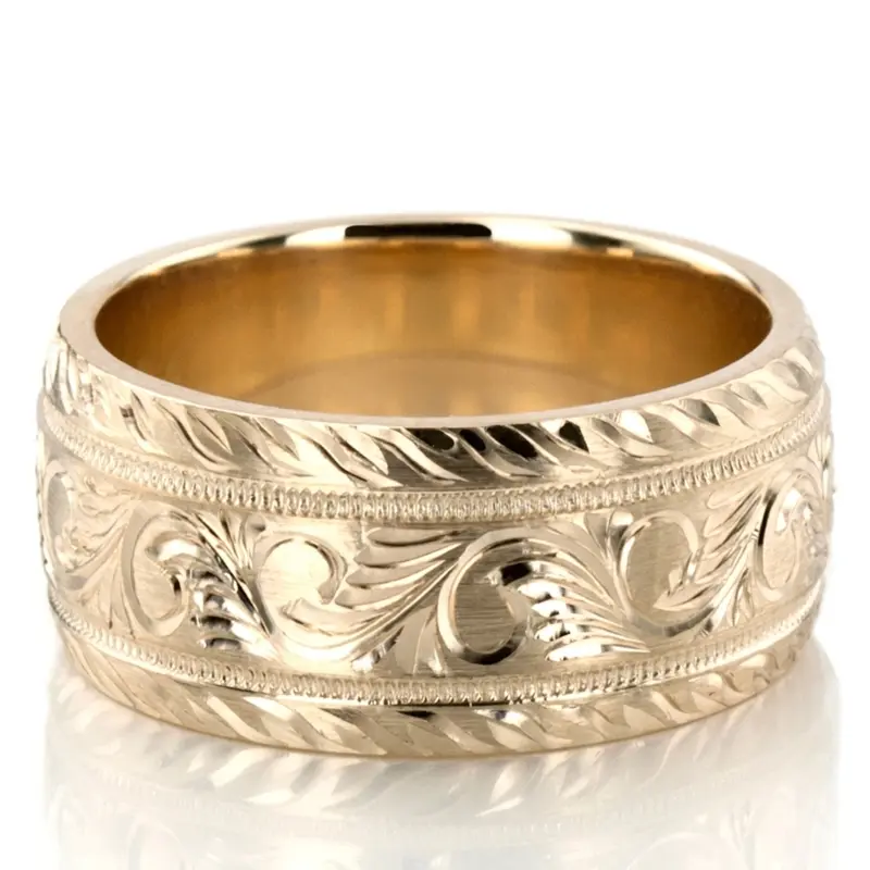 14K yellow gold 10mm. satin hand-engraved-fancy-carved-wedding-band - alternate view 10
