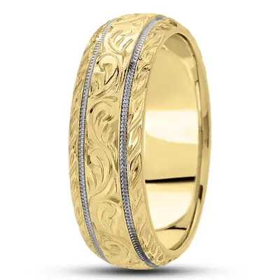 10K y-w-y-w-y gold 7mm. satin hand-engraved-fancy-carved-wedding-band - alternate view 9 thumbnail