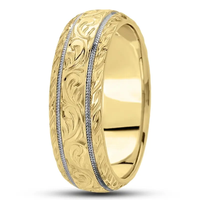 14K y-w-y-w-y gold 7mm. satin hand-engraved-fancy-carved-wedding-band - alternate view 9