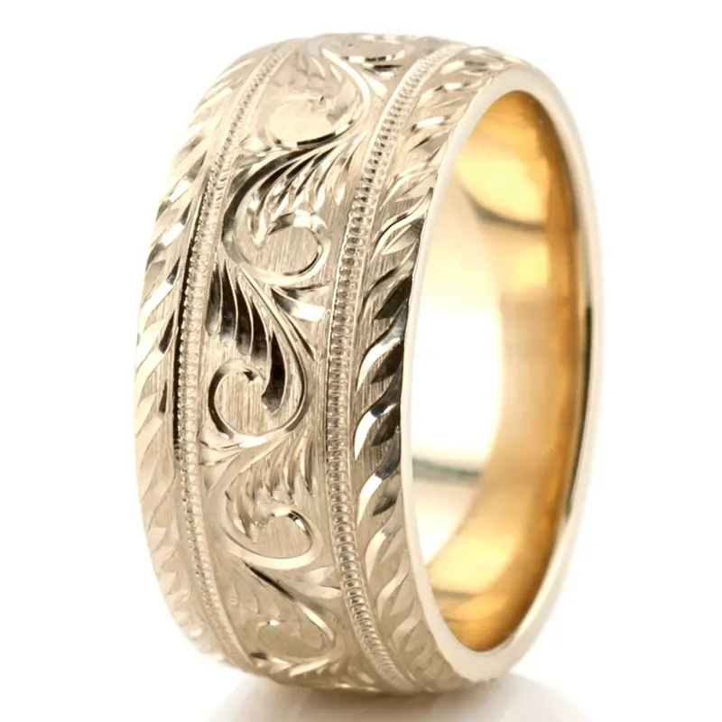 14K yellow gold 10mm. satin hand-engraved-fancy-carved-wedding-band - alternate view 8