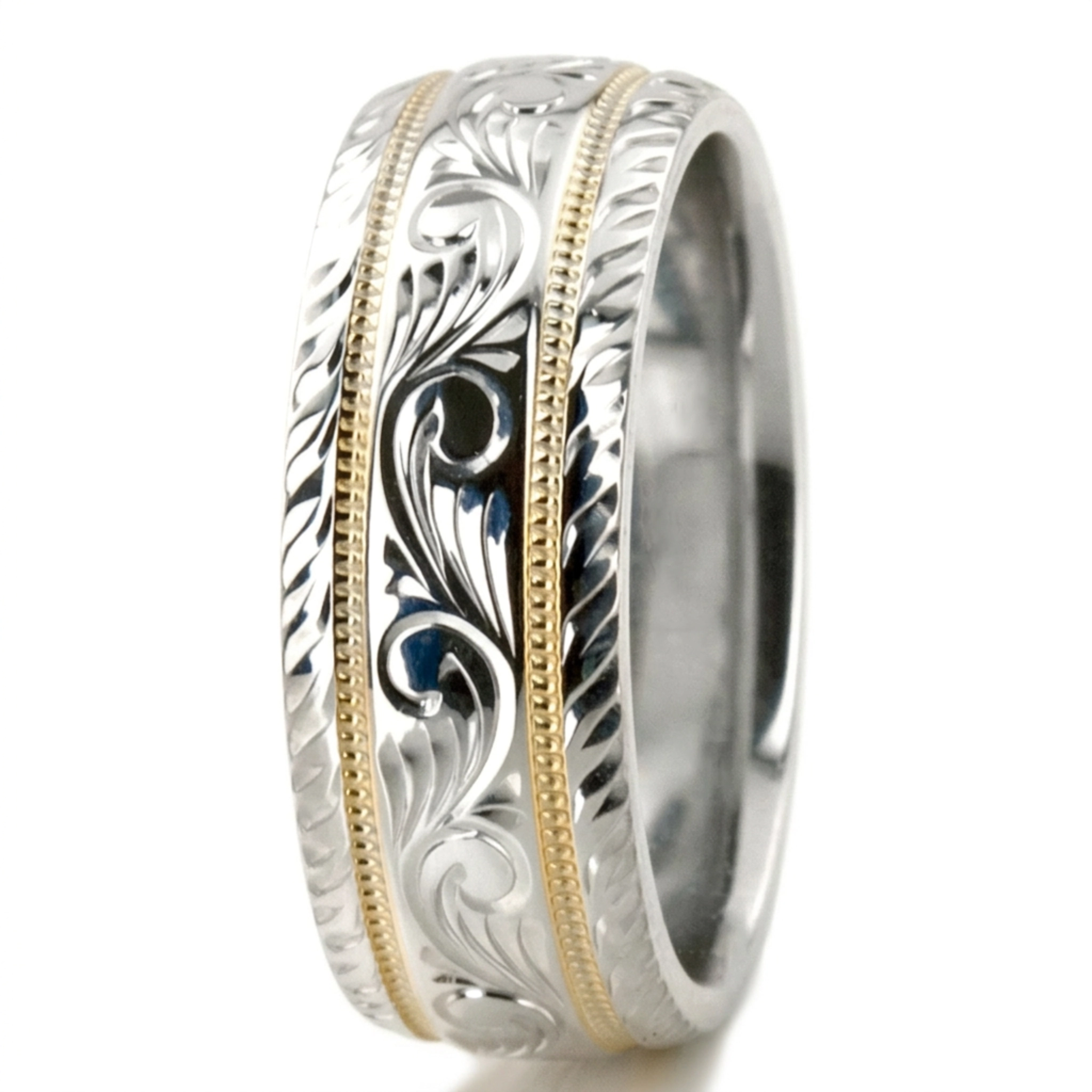 10K w-y-w-y-w gold 7mm. high polish hand-engraved-fancy-carved-wedding-band - alternate view 11