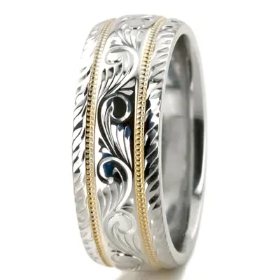 10K w-y-w-y-w gold 7mm. high polish hand-engraved-fancy-carved-wedding-band - alternate view 11 thumbnail