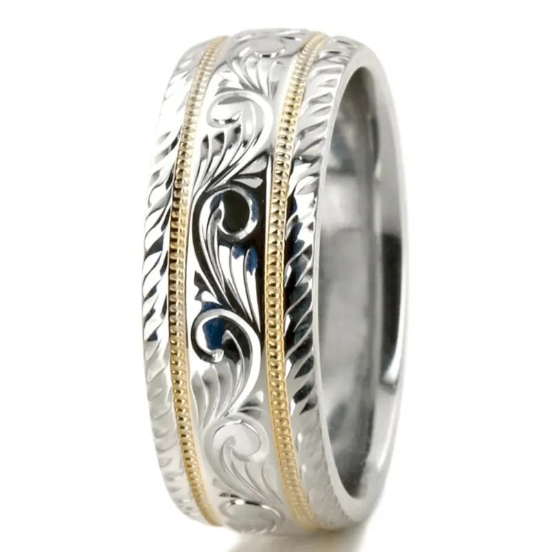 14K w-y-w-y-w gold 7mm. high polish hand-engraved-fancy-carved-wedding-band - alternate view 11