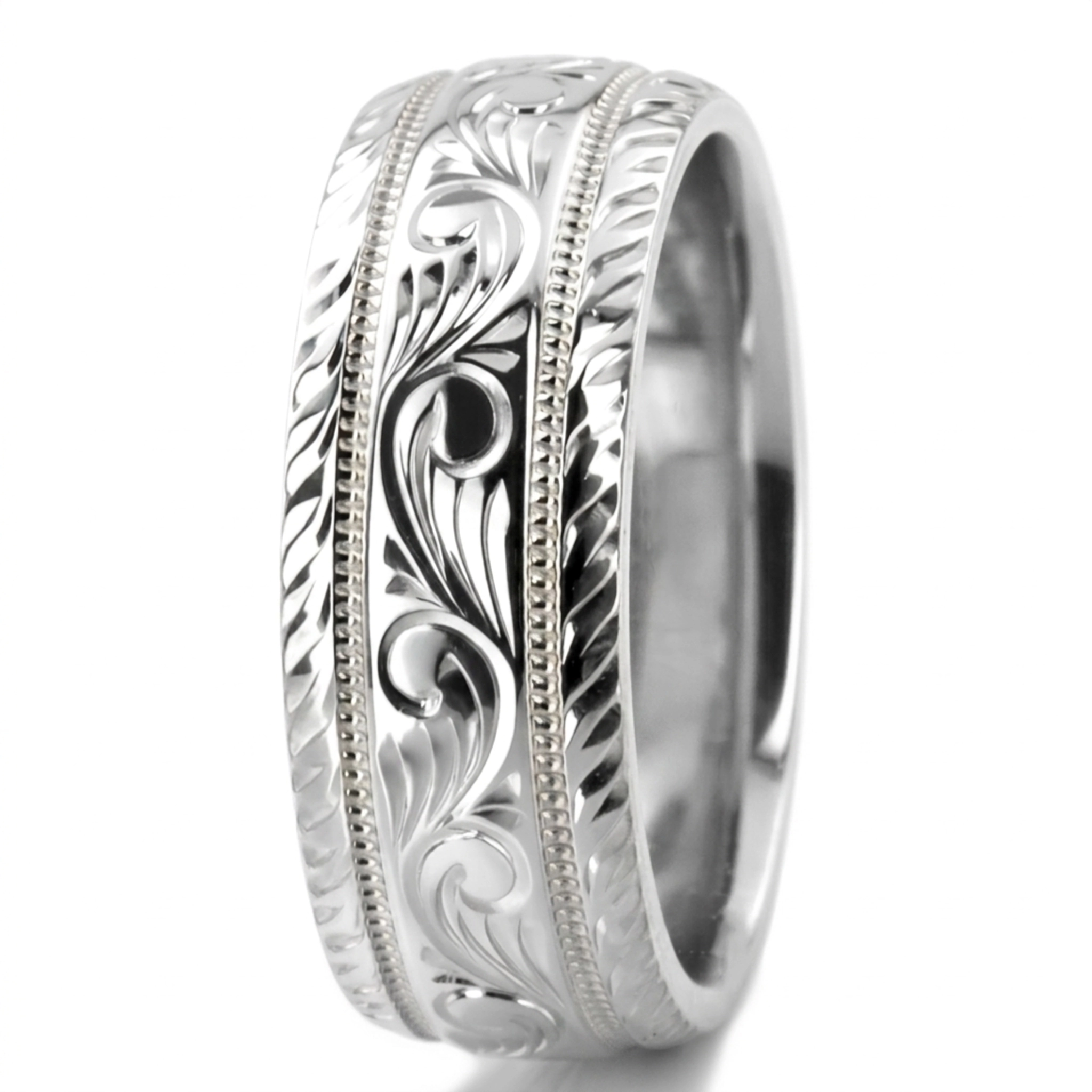 10K white gold 7mm. high polish hand-engraved-fancy-carved-wedding-band - alternate view 12