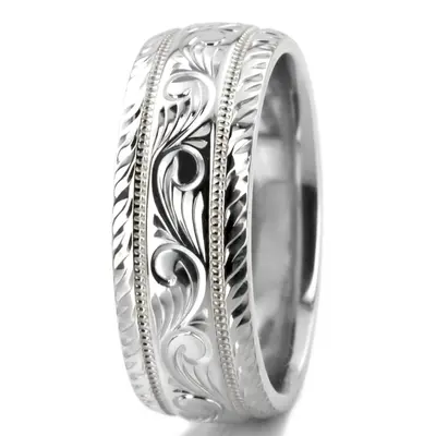 10K white gold 7mm. high polish hand-engraved-fancy-carved-wedding-band - alternate view 12 thumbnail