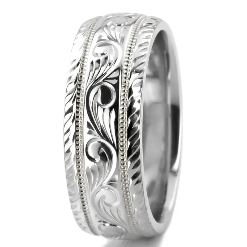14K white gold 7mm. high polish hand-engraved-fancy-carved-wedding-band - alternate view 12