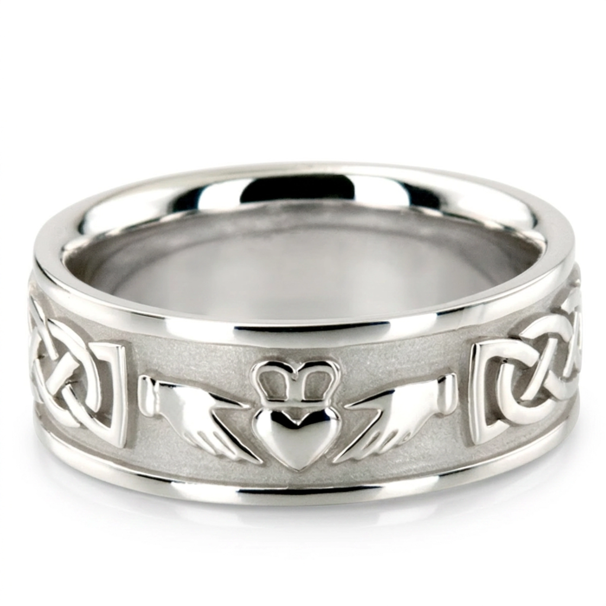 18K white gold 8mm. high polish Claddagh-Cletic-Knot-Wedding-Ring - main view