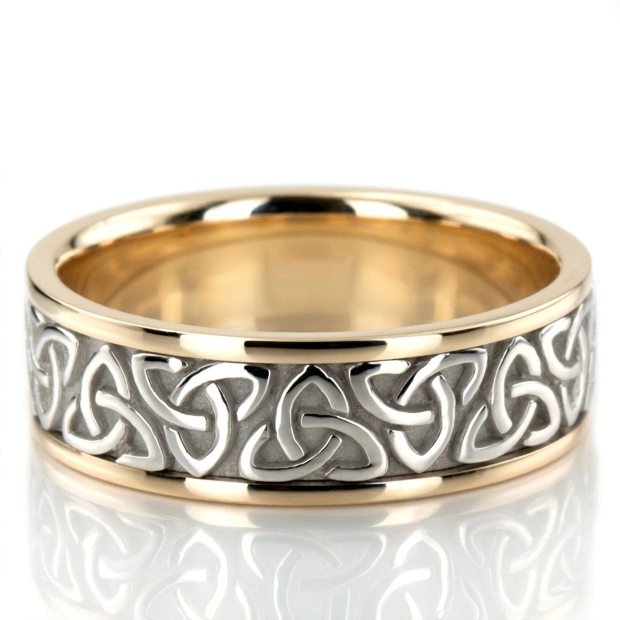 10K yellow-white-yellow gold 7mm. high polish hand-made-celtic-wedding-band - alternate view 2