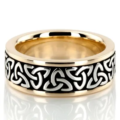 10K yellow-white-yellow gold 8mm. high polish hand-made-celtic-wedding-band - alternate view 3 thumbnail