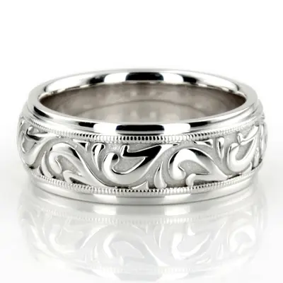 10K white gold 7.5mm. high polish hand-made-antique-wedding-band - main view thumbnail