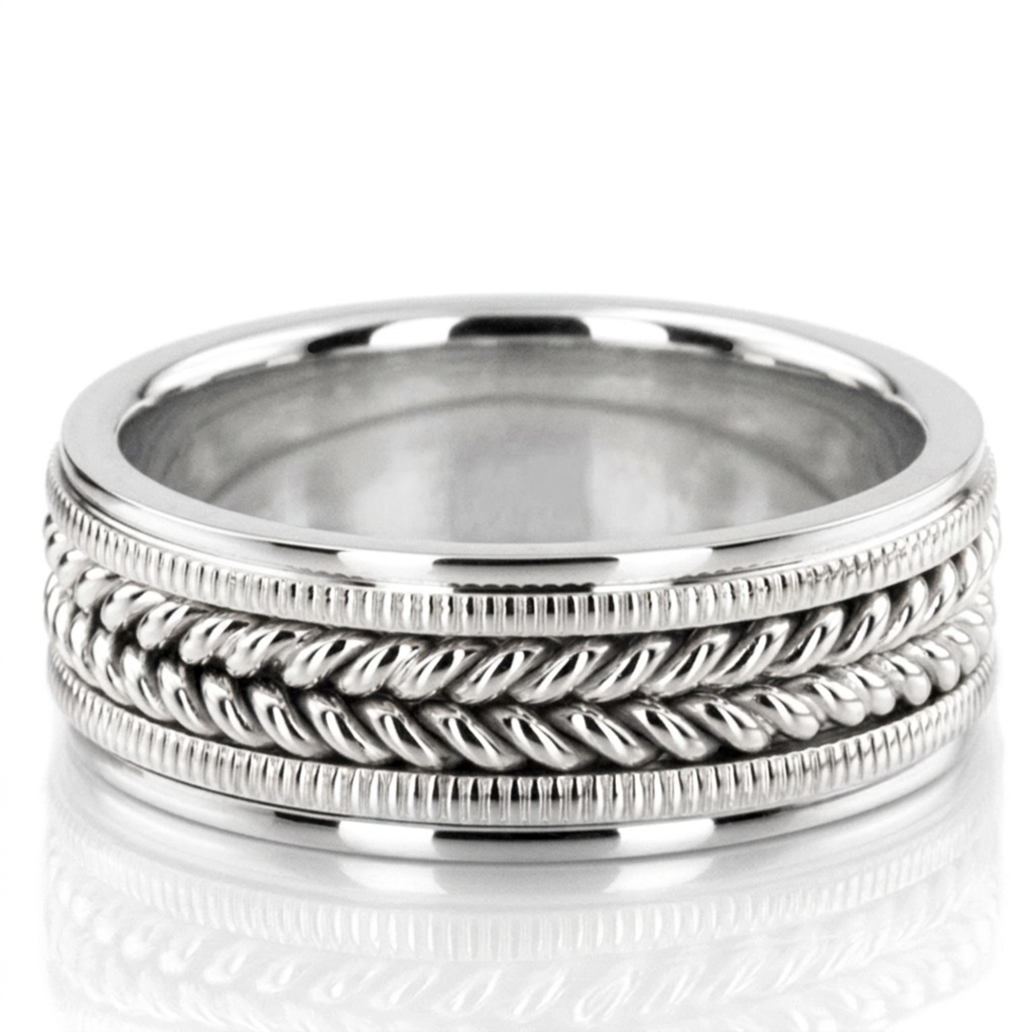 10K white gold 8mm. high polish hand-made-woven-wedding-band - main view