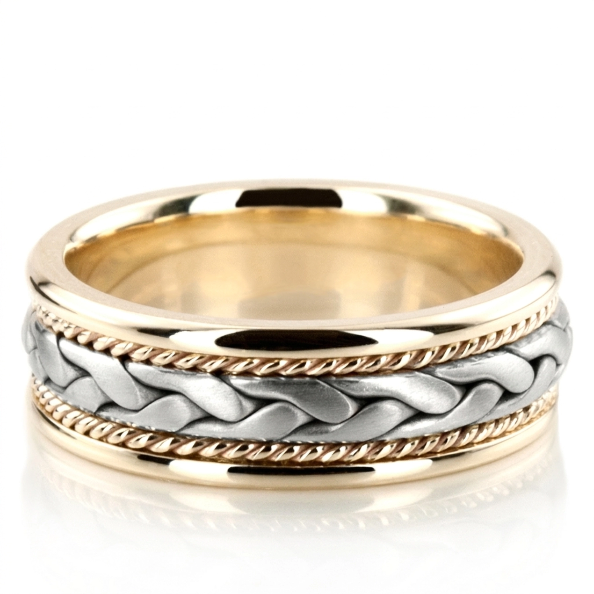 10K yellow-white-yellow gold 7mm. cross satin hand-made-wedding-band - alternate view 3