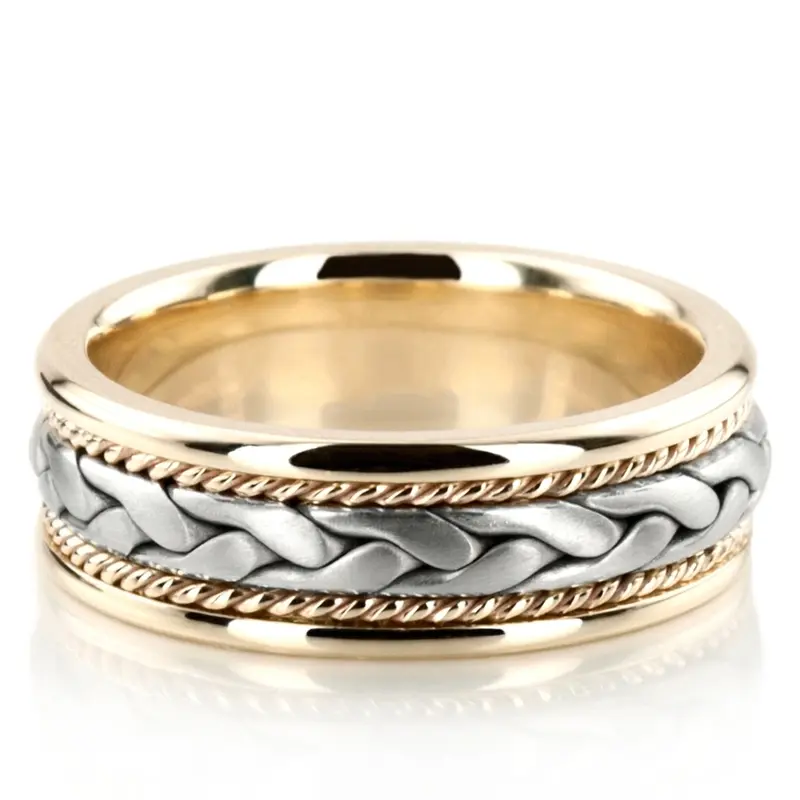 10K yellow-white-yellow gold 7mm. cross satin hand-made-wedding-band - alternate view 2