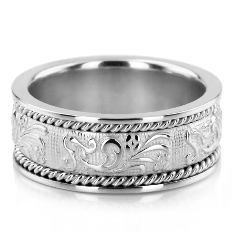 10K white gold 8.5mm. high polish hand-made-antique-wedding-band - main view