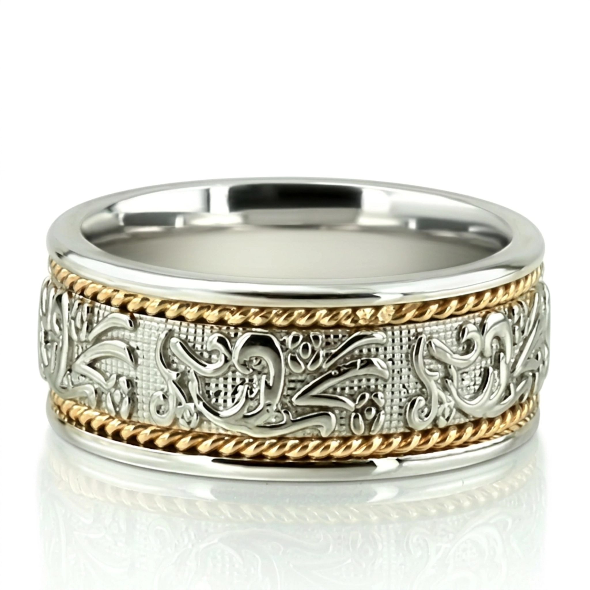 18K w-y-w-y-w gold 9.5mm. high polish hand-made-antique-wedding-band - alternate view 4
